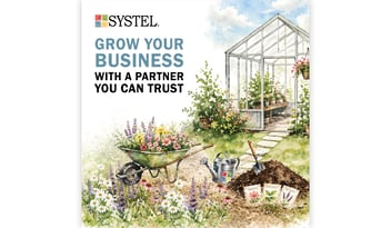 a garden scene with flowers and a square Systel logo with seed packets